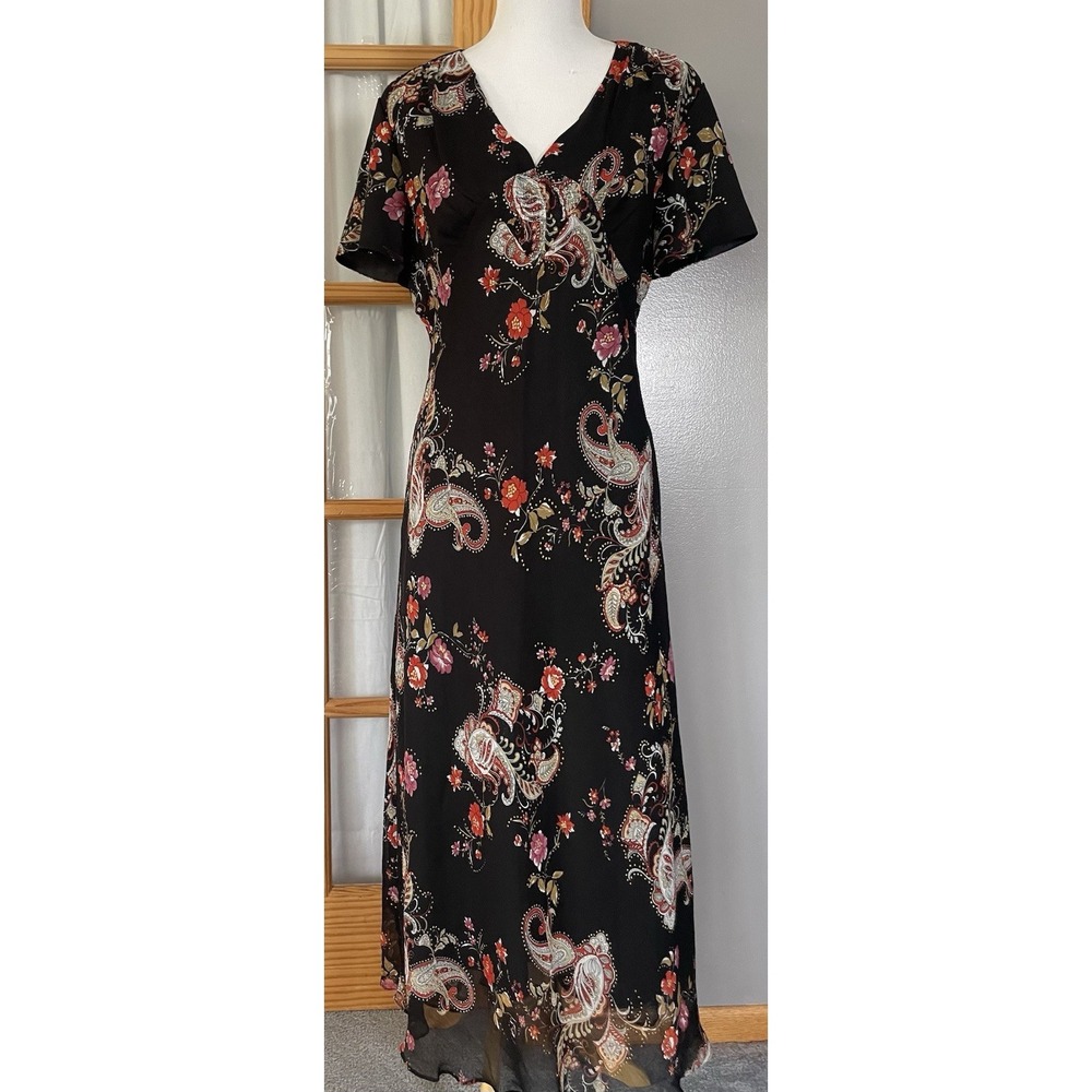 Vtg K Studio Floral Paisley Maxi Dress 16 Black BeigeYellow Crystals Boho Fairy
